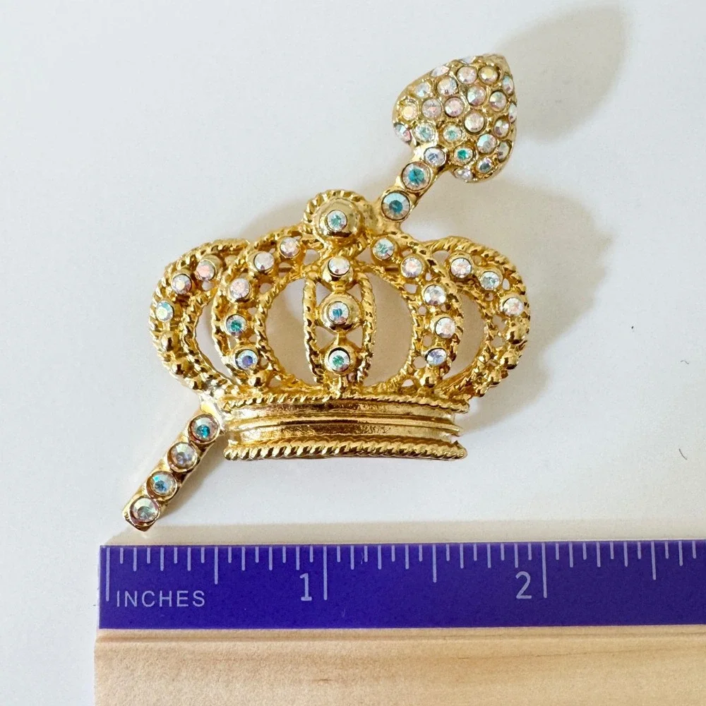 Vintage Gold Sparkly‎ Aurora Borealis Crown Pin Brooch, Princess, Queen, Sparkly